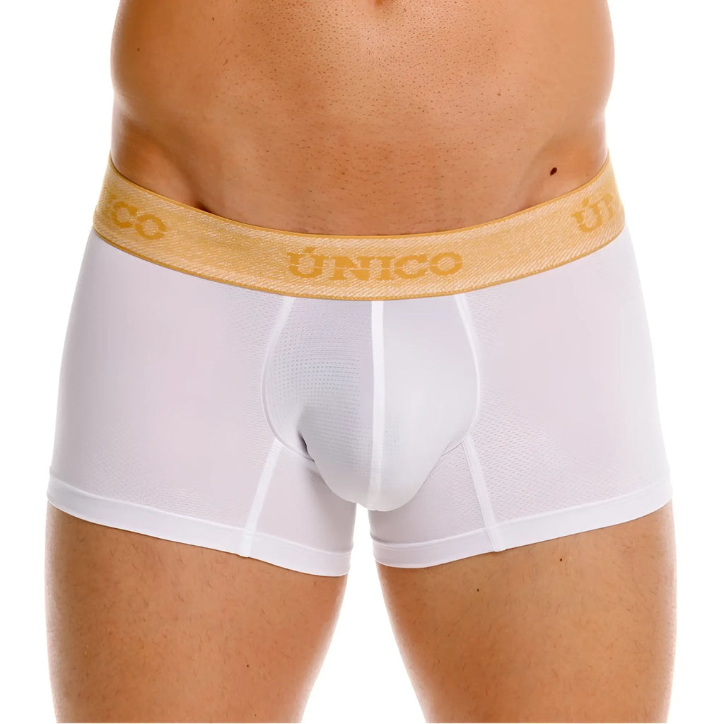 White unico boxer briefs with gold elastic waistband featuring brand name premium athletic fit trunks in white