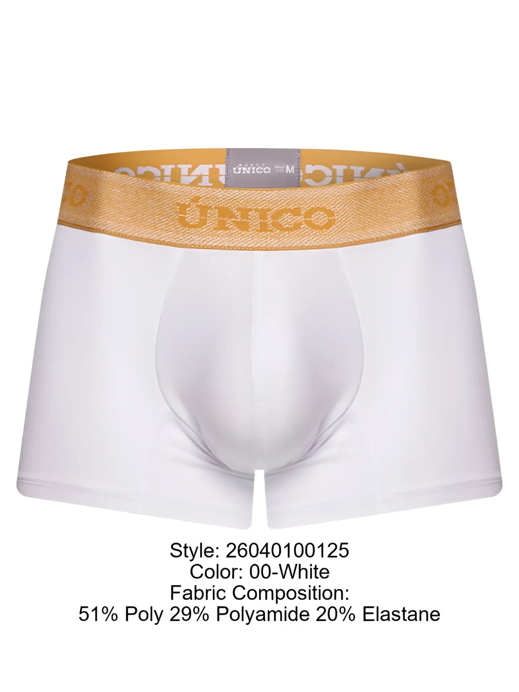 White unico men’s briefs with gold elastic waistband and brand name in matching lettering premium athletic fit