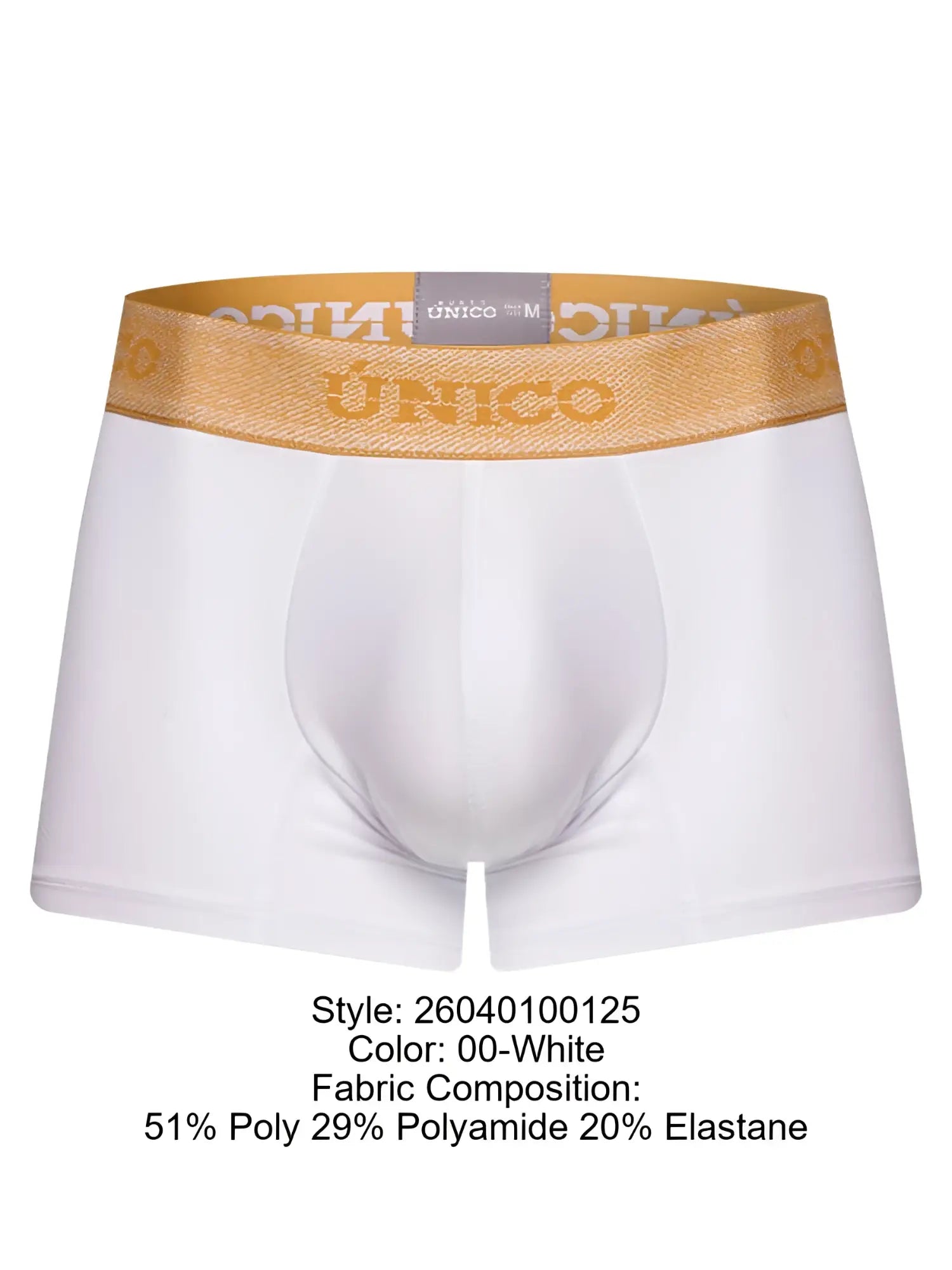 White unico men’s briefs with gold elastic waistband and brand name in matching lettering premium athletic fit