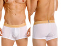White briefs with tan elastic waistband featuring único brand name in gold lettering for premium athletic fit