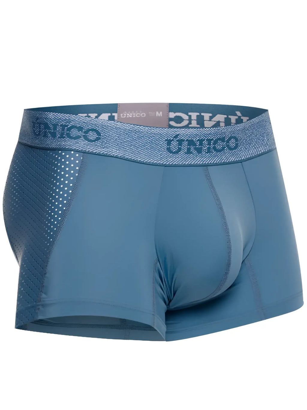 Blue unico men’s boxer briefs with textured waistband and mesh paneling for premium athletic comfort