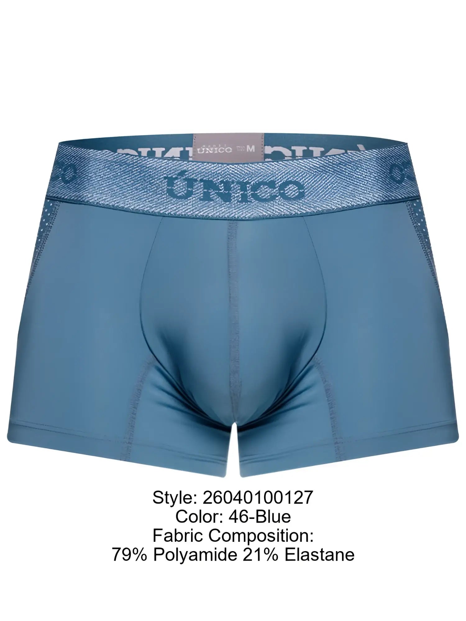 Unico 26040100127 classic trunks in blue men’s boxer briefs with textured shimmer waistband made of polyamide elastane blend