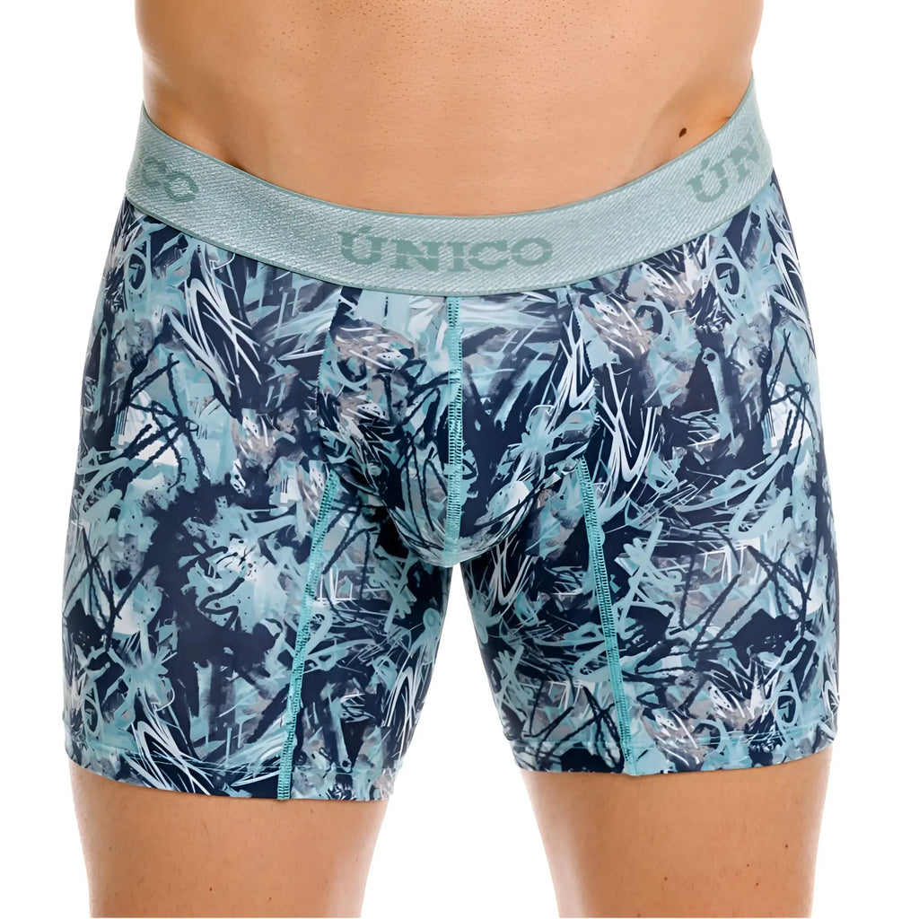 Unico men’s boxer briefs in dark blue and teal graffiti pattern with matching elastic waistband color 43 blue