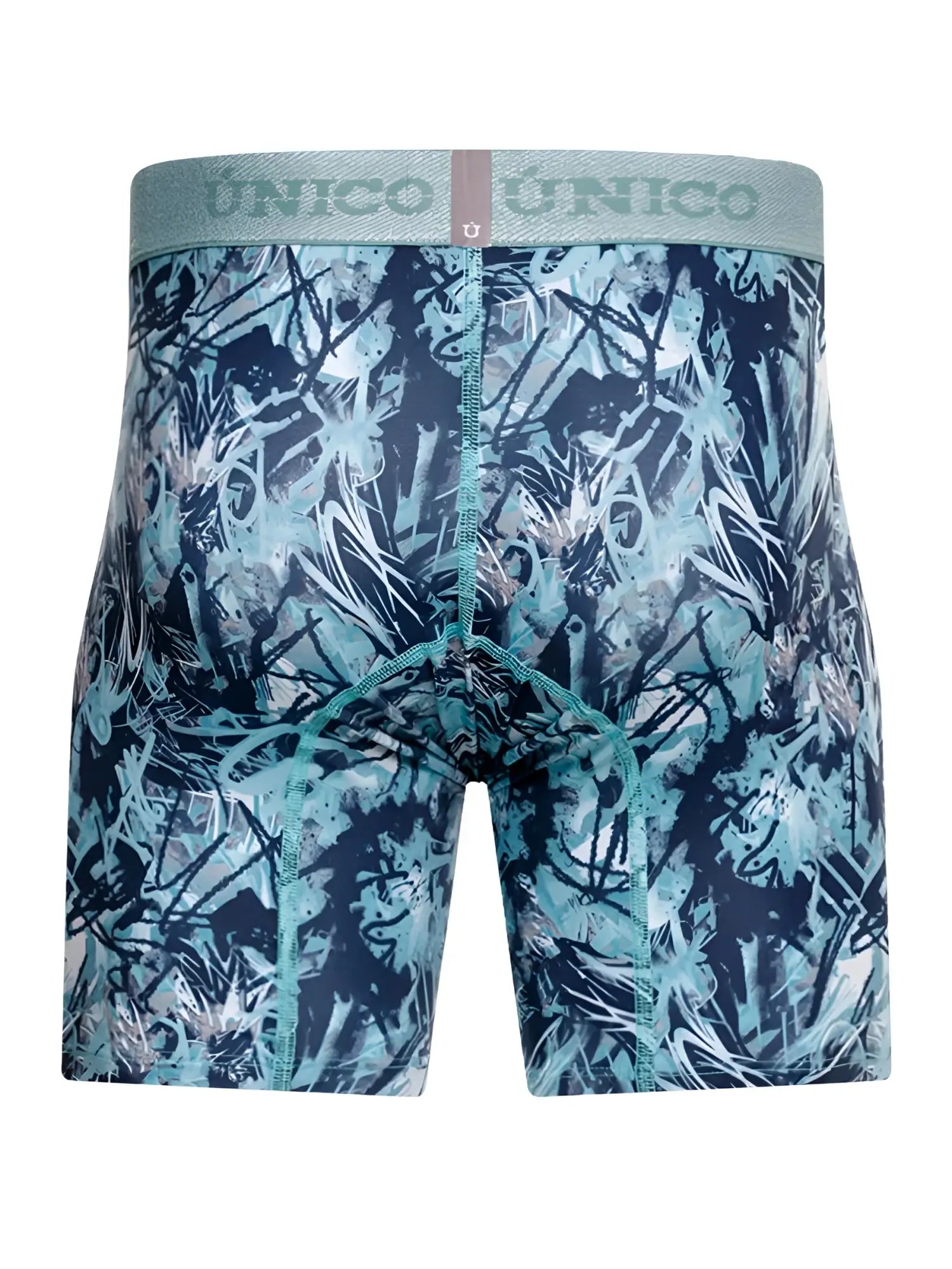 Unico 26040100212 men’s boxer briefs in blue feature vibrant teal navy and white graffiti print on stretchy fabric