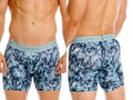 Men’s blue and teal tropical leaf patterned boxer briefs with light gray único waistband in color 43-blue