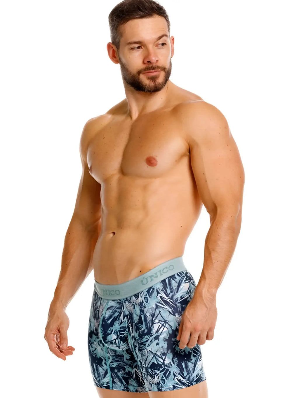 Men’s unico 26040100212 boxer briefs in blue and teal tropical leaf pattern with light gray waistband