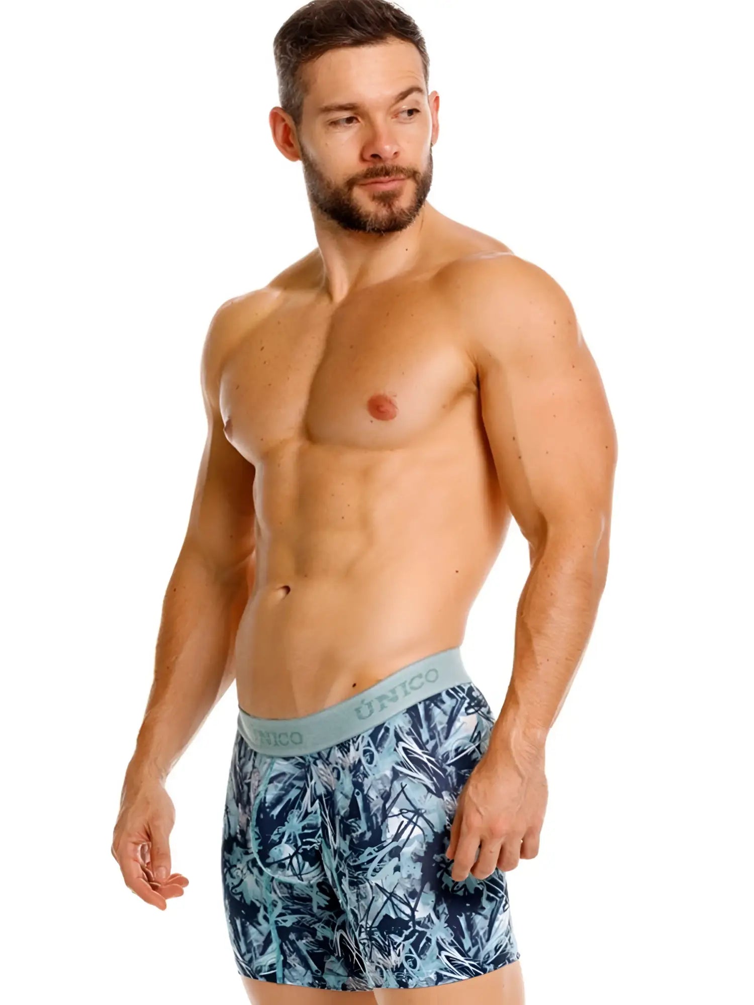 Men’s unico 26040100212 boxer briefs in blue and teal tropical leaf pattern with light gray waistband