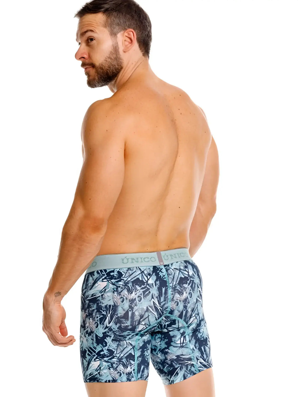 Men’s unico boxer briefs in blue and teal tropical leaf pattern with light gray waistband color 43 blue