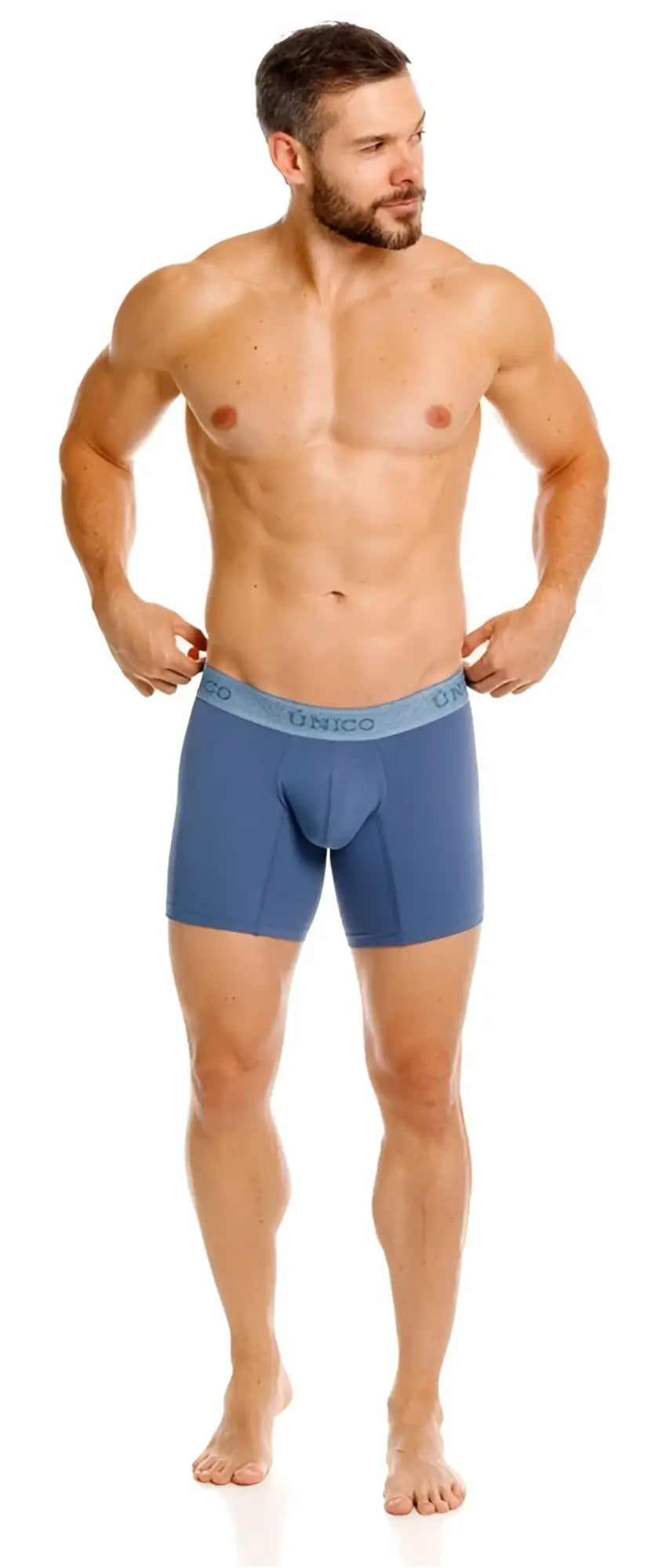 Blue unico classic boxer briefs in teal with light blue waistband featuring the brand name for premium comfort