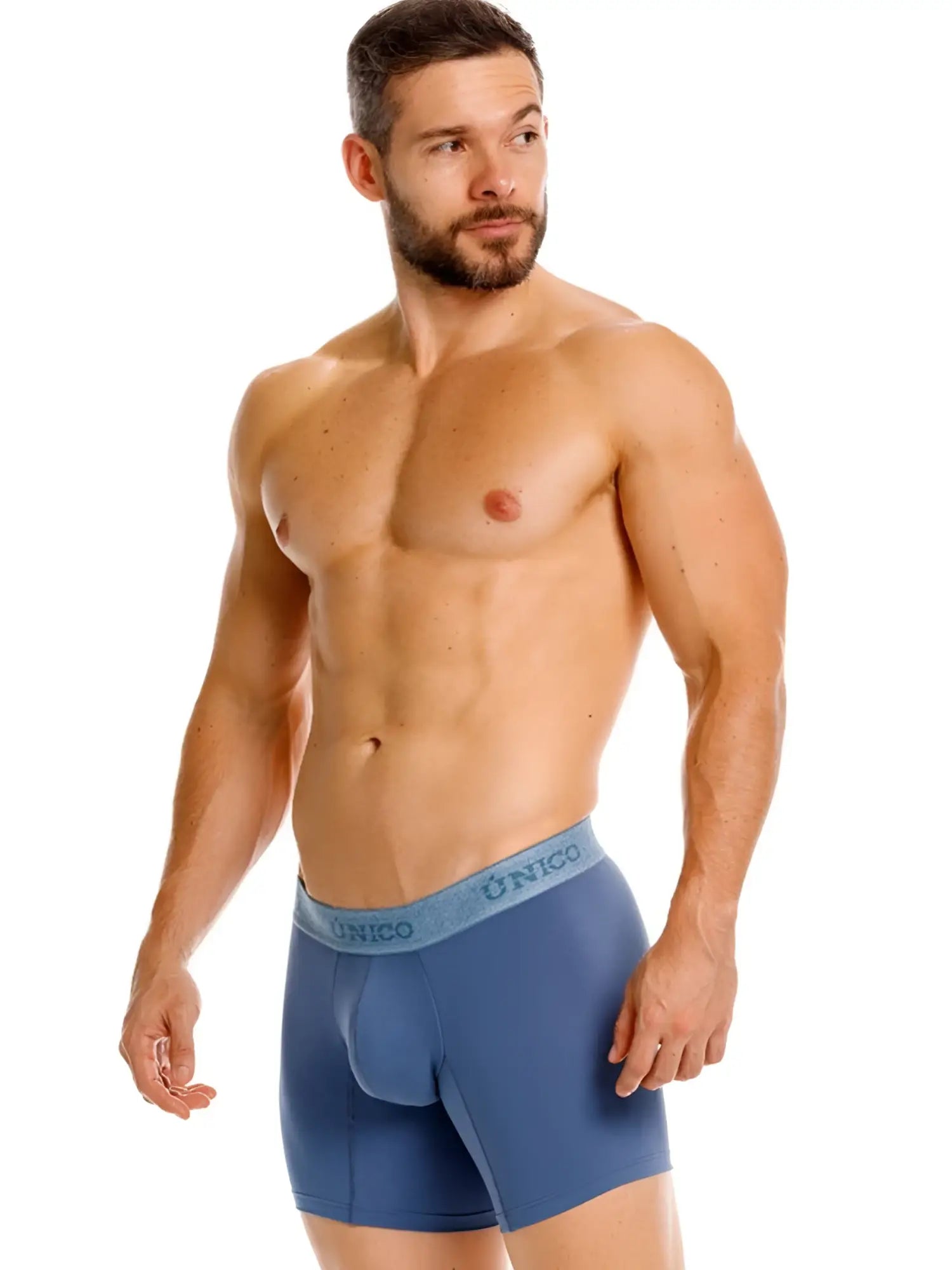Blue unico men’s boxer briefs in teal with matching elastic waistband for premium comfort and style