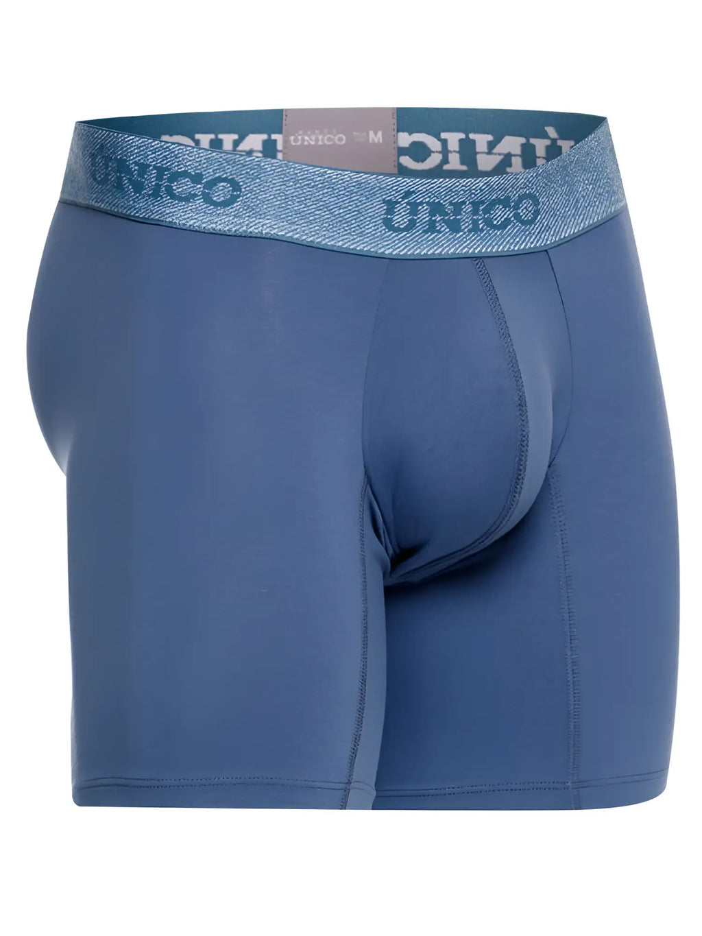 Blue unico men’s boxer briefs with textured waistband and branded blue lettering in teal for premium comfort and style