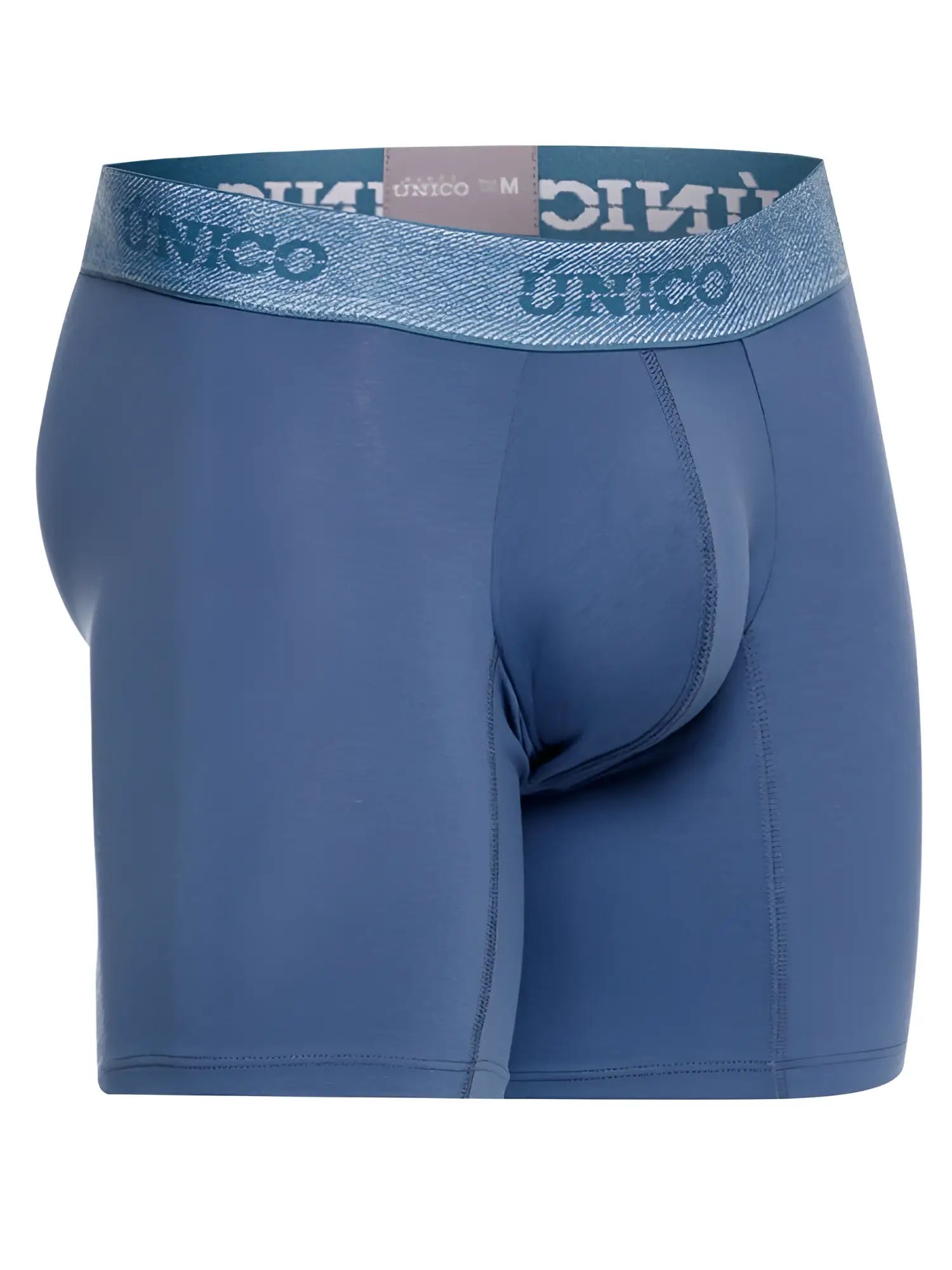 Blue unico men’s boxer briefs with textured waistband and branded blue lettering in teal for premium comfort and style