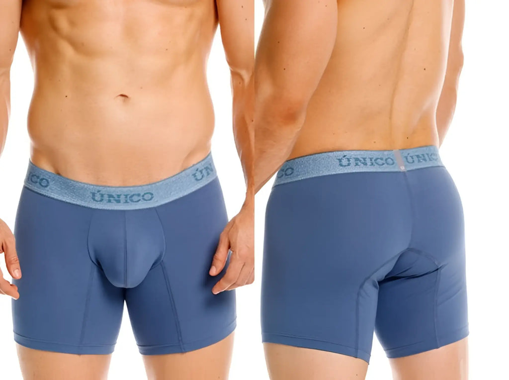 Blue unico boxer briefs with matching elastic waistband featuring brand name in light gray lettering for premium comfort