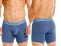 Blue unico boxer briefs with matching elastic waistband featuring brand name in light gray lettering for premium comfort