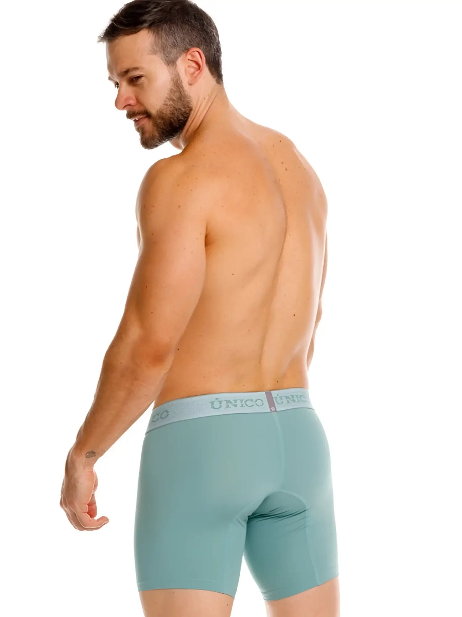 Teal unico 26040100221 ceramic boxer briefs for men with light gray waistband and dark unico logo in green color