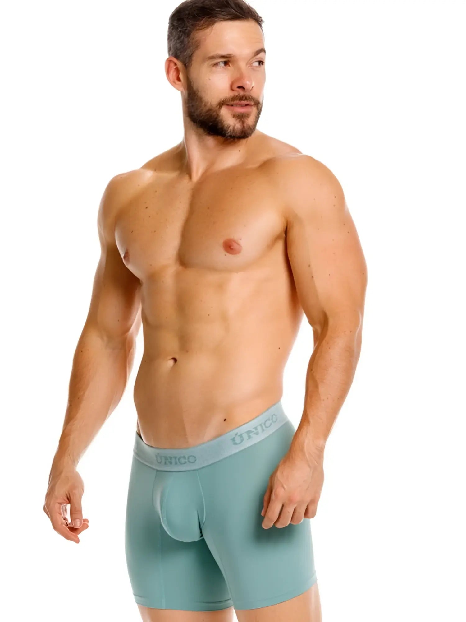 Teal ceramic boxer briefs with light gray unico waistband designed for men in color 43-green