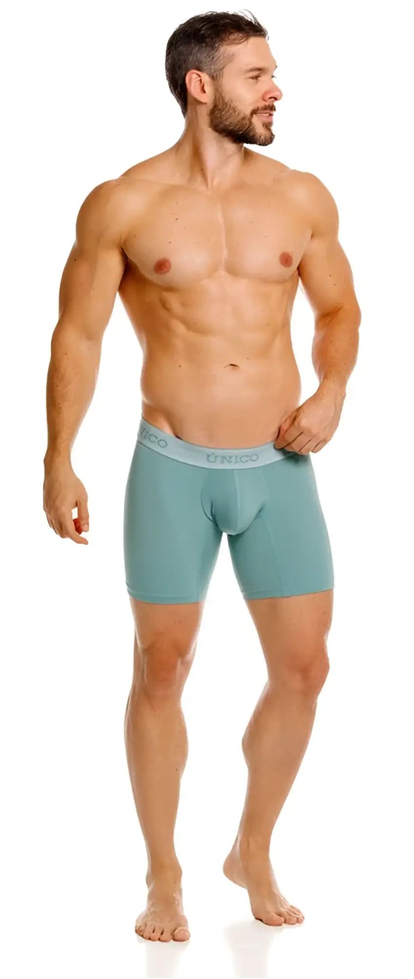 Teal ceramic men’s boxer briefs with a light gray elastic waistband featuring the onio brand name in black