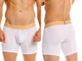 White unico men’s boxer briefs with tan elastic waistband and gold unico logo for premium comfort