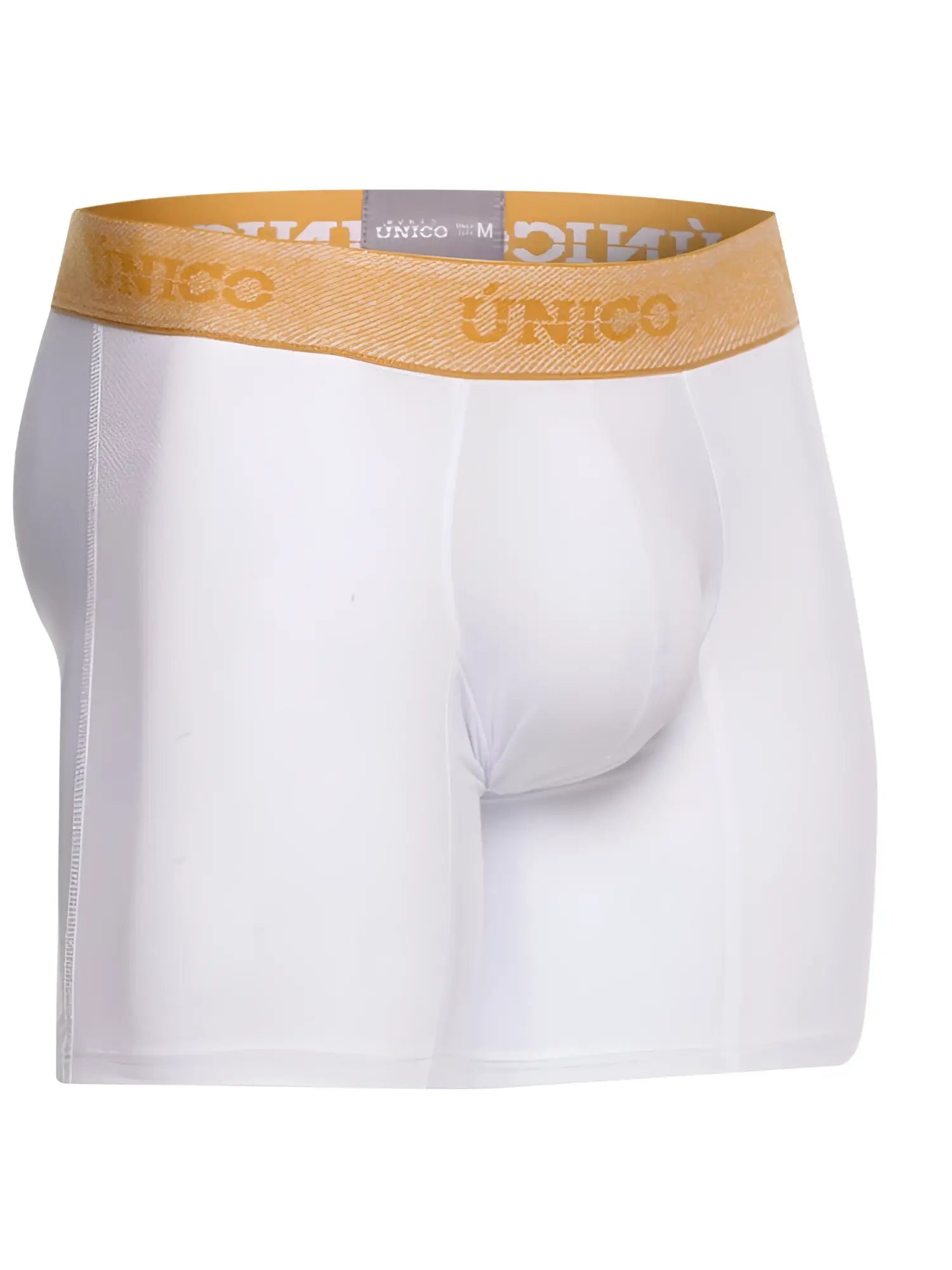 White unico men’s boxer briefs with tan elastic waistband and gold unico branding for premium comfort use