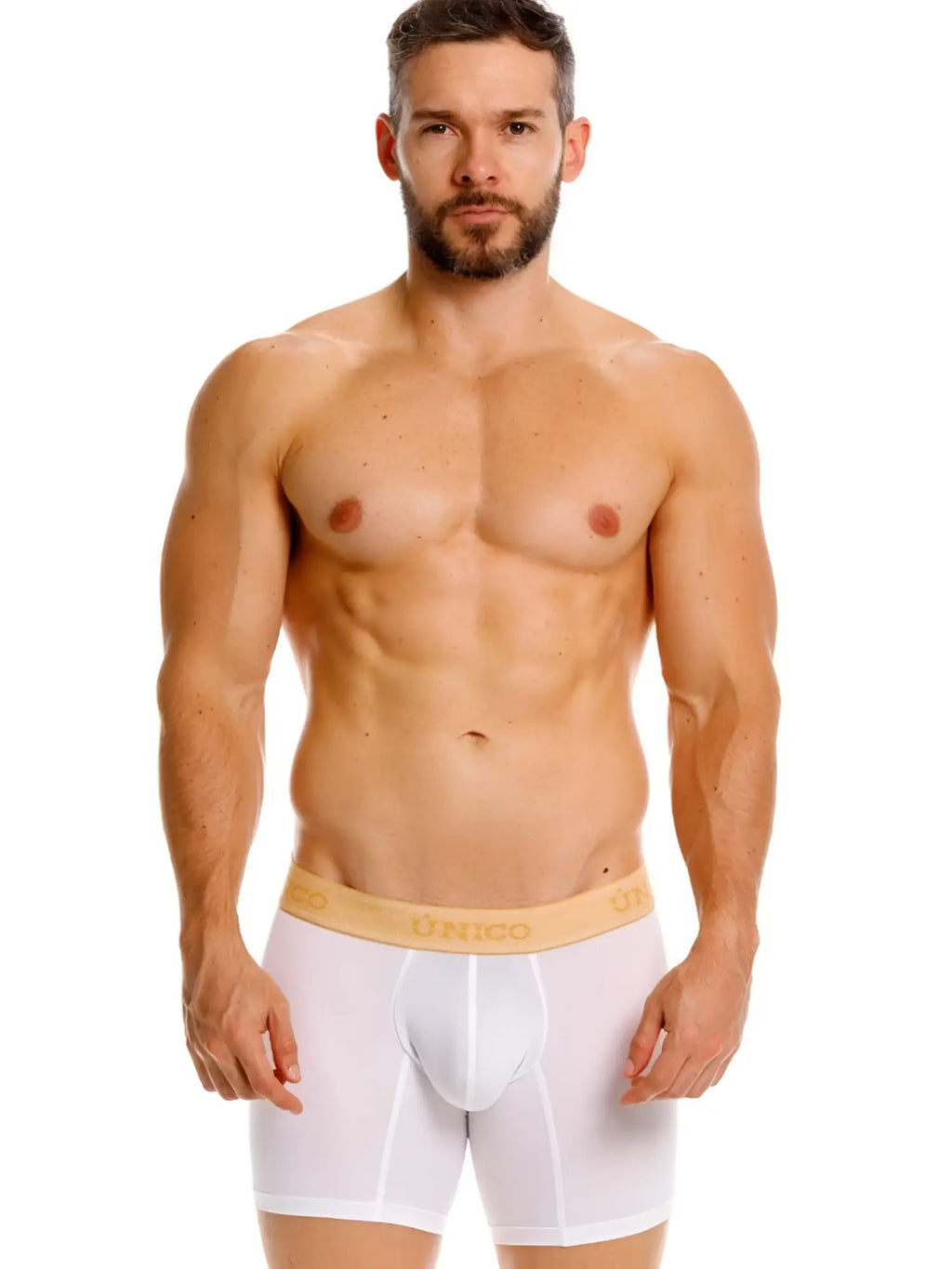 White unico men’s boxer briefs with light beige elastic waistband offer premium comfort and support