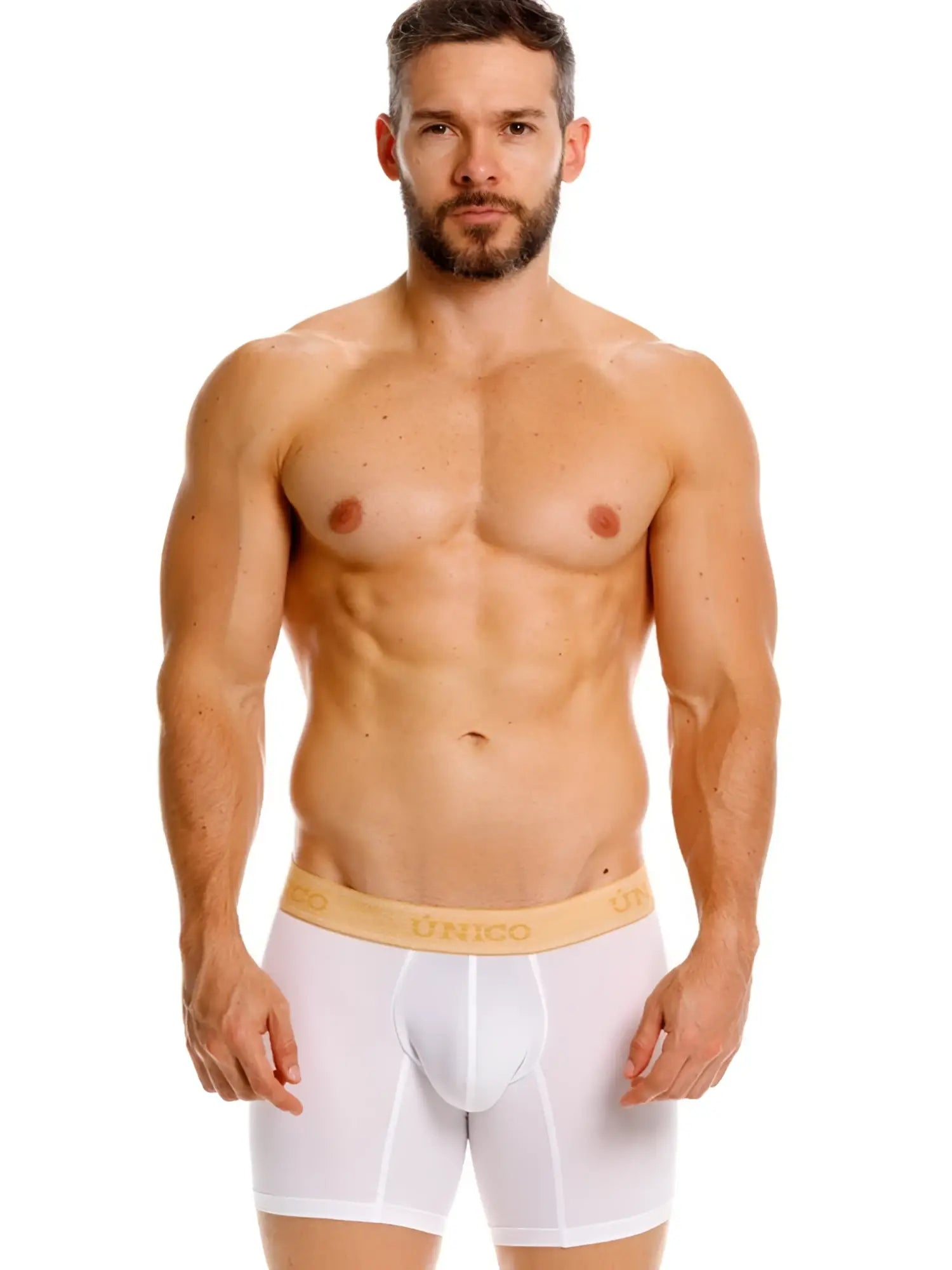 White unico men’s boxer briefs with light beige elastic waistband offer premium comfort and support
