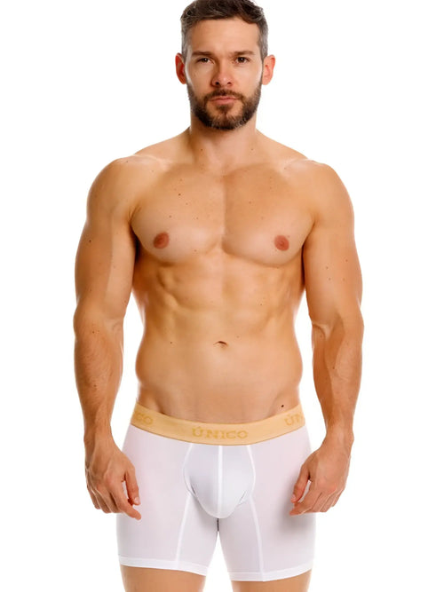 White unico men’s boxer briefs with light beige elastic waistband offer premium comfort and support