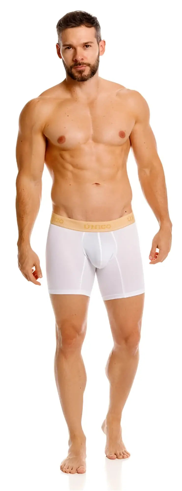 White men’s boxer briefs with light beige elastic waistband featuring unico brand name in premium comfort design