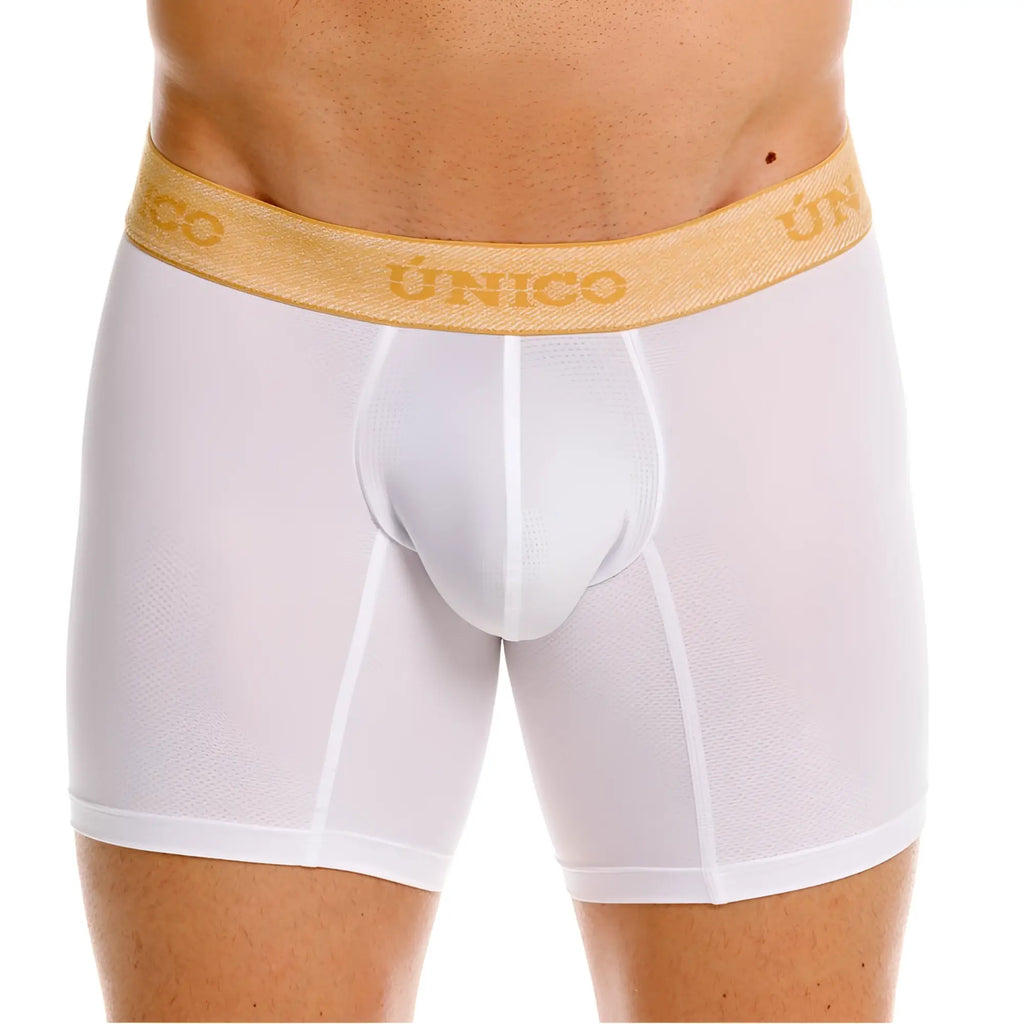 White unico boxer briefs with gold elastic waistband and brand name for premium comfort in color white