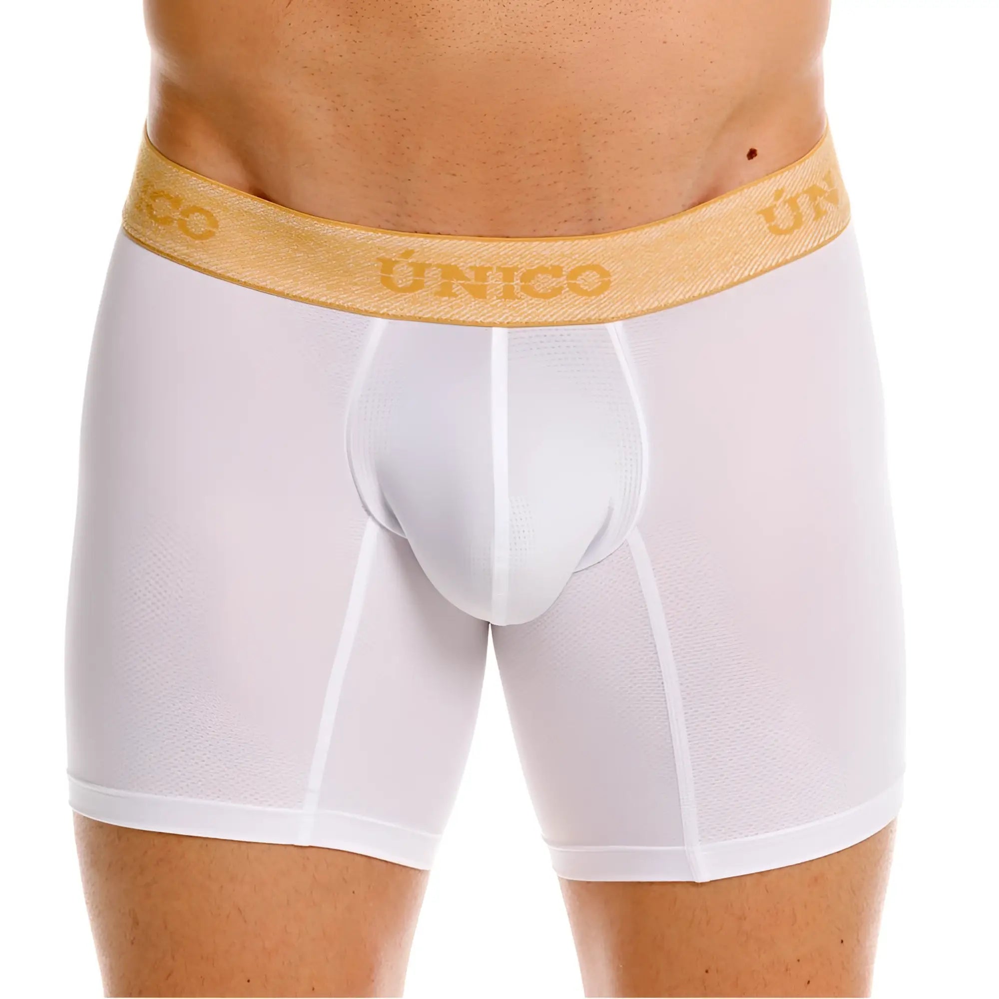 White unico boxer briefs with gold elastic waistband and brand name for premium comfort in color white