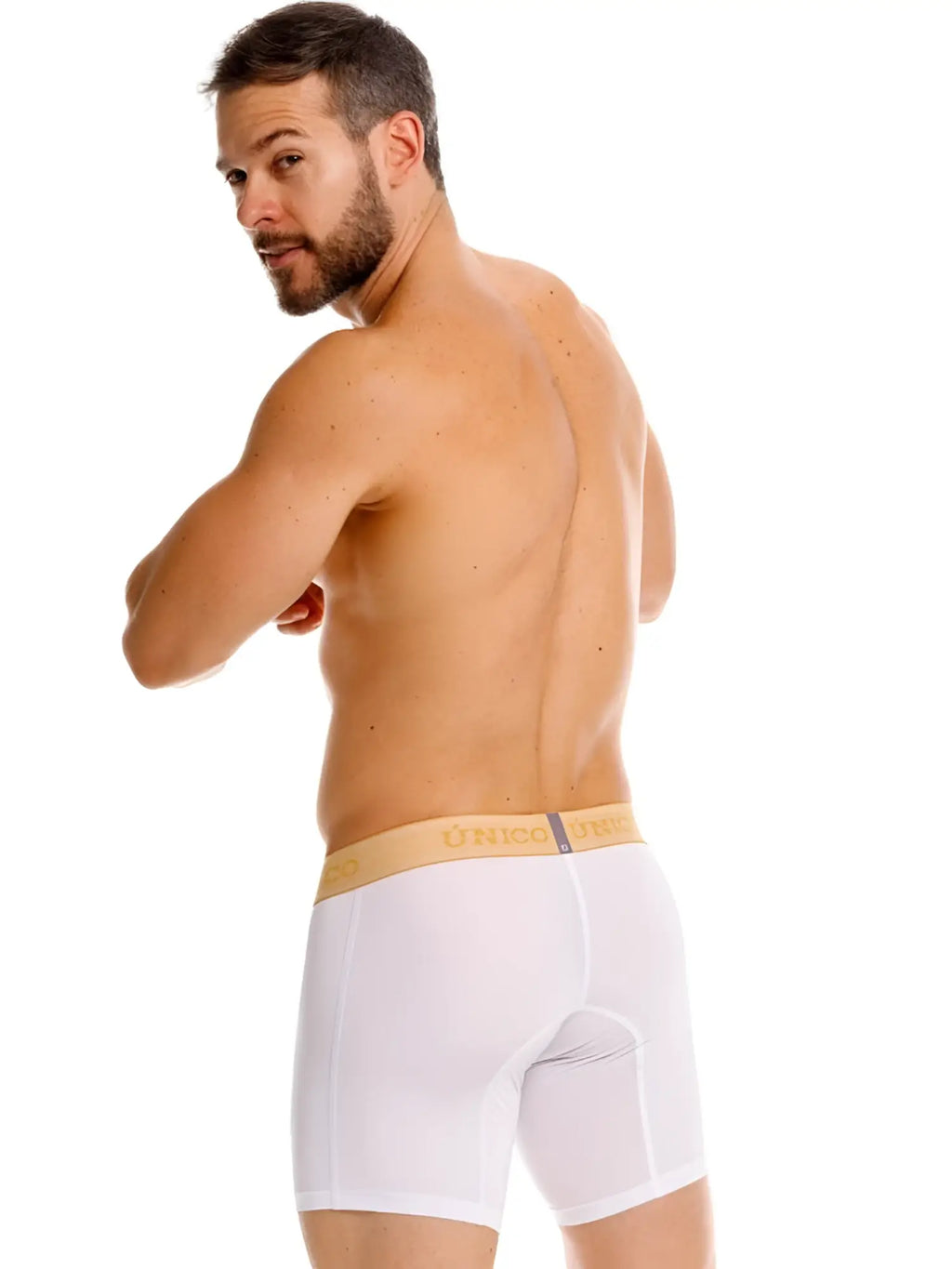 White unico boxer briefs with gold waistband offering premium comfort in color 00-white