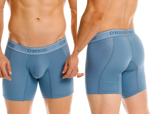 Blue unico men’s boxer briefs with contoured support and branded waistband for premium comfort and fit