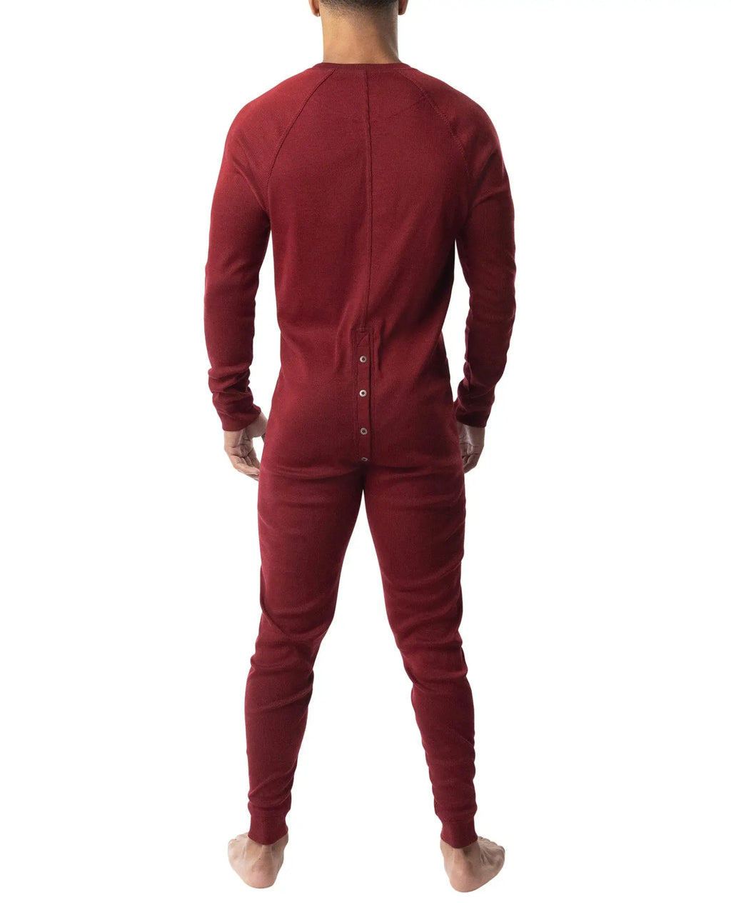 A maroon long-sleeved thermal one-piece union suit 2.0 shown from the back with buttoned closure