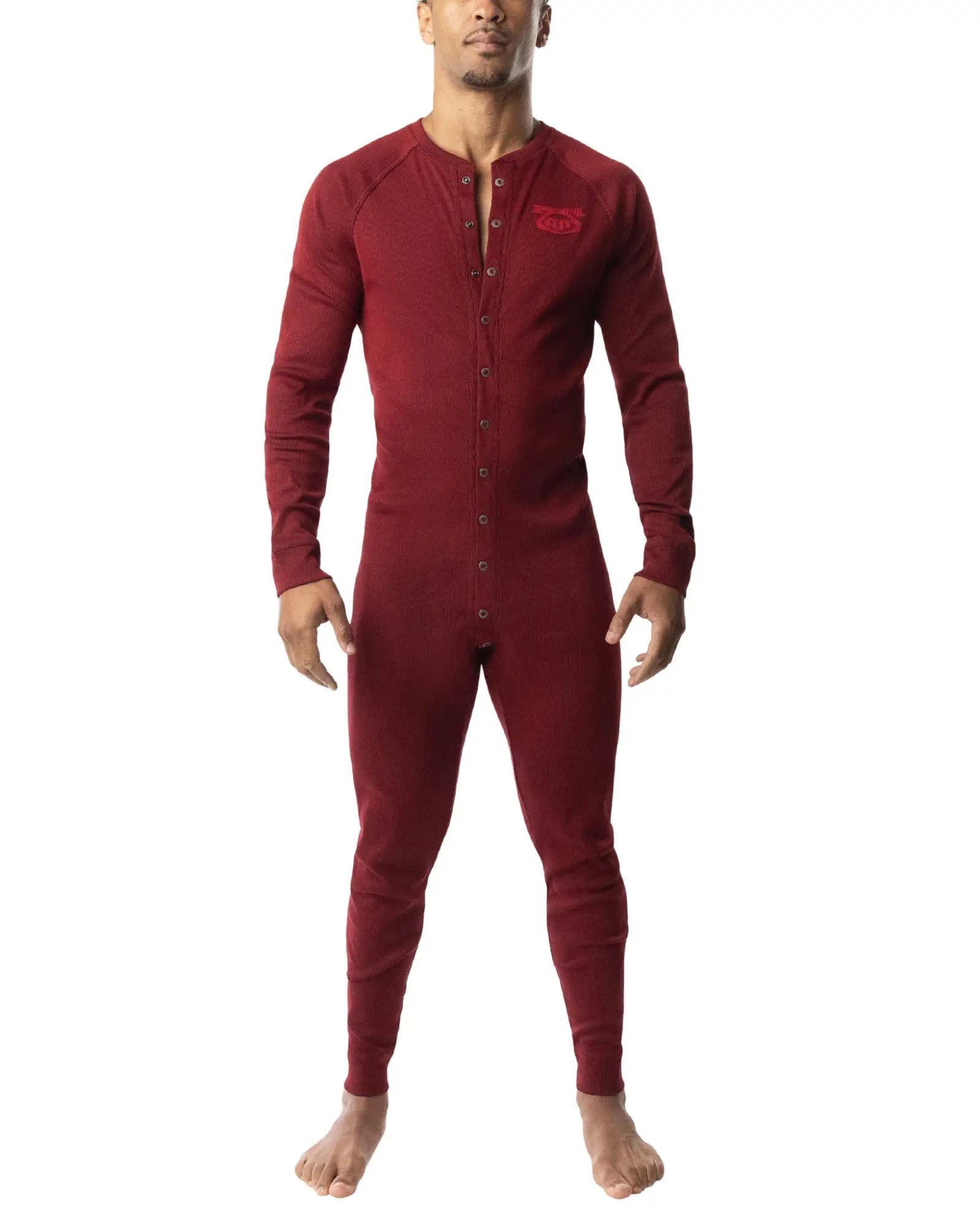 Maroon long-sleeved one-piece thermal union suit 2.0 with button front and embroidered chest logo