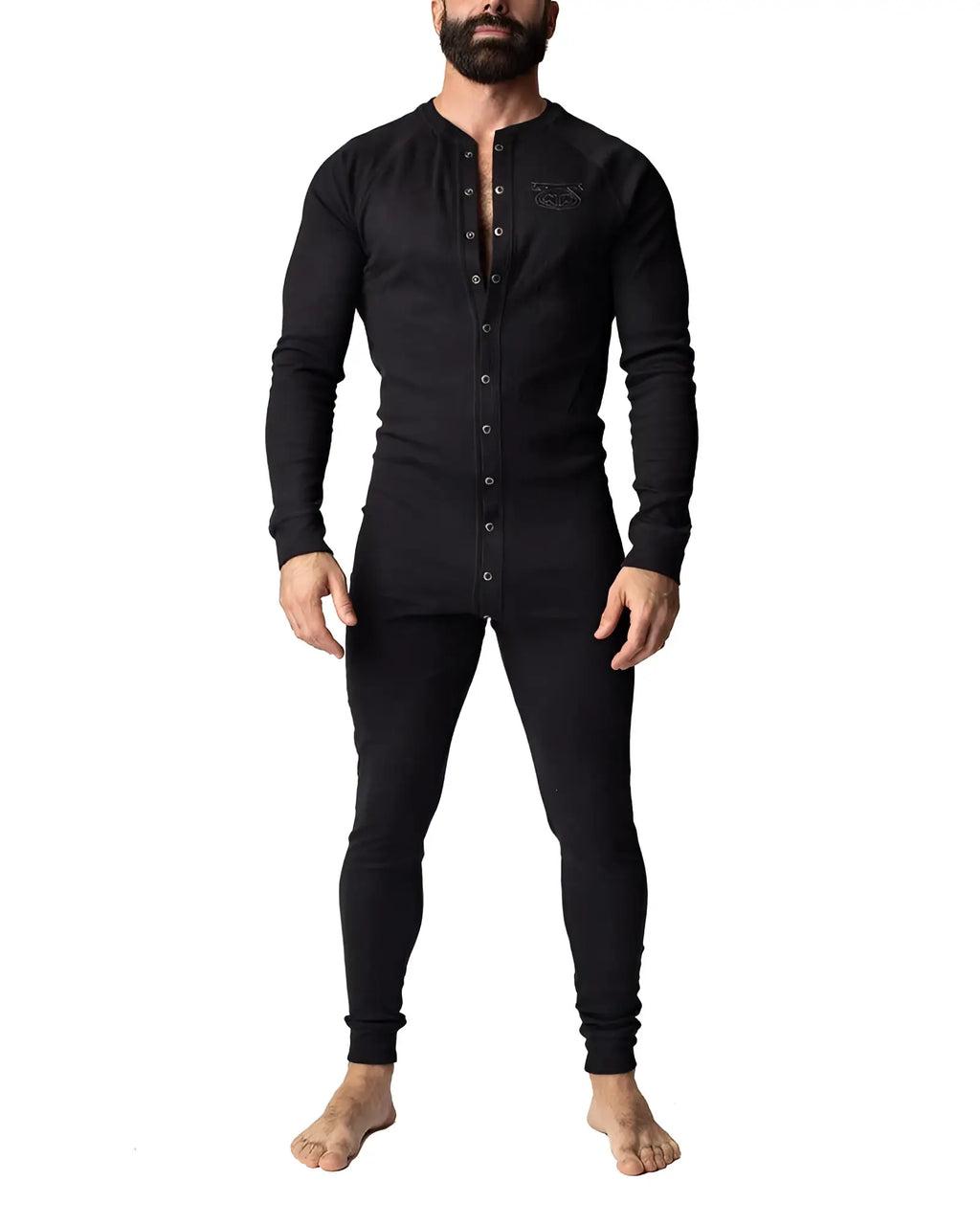 Black long-sleeved henley-style thermal union suit with button front and subtle embroidered chest logo