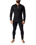 Black long-sleeved henley-style thermal union suit with button front and subtle embroidered chest logo