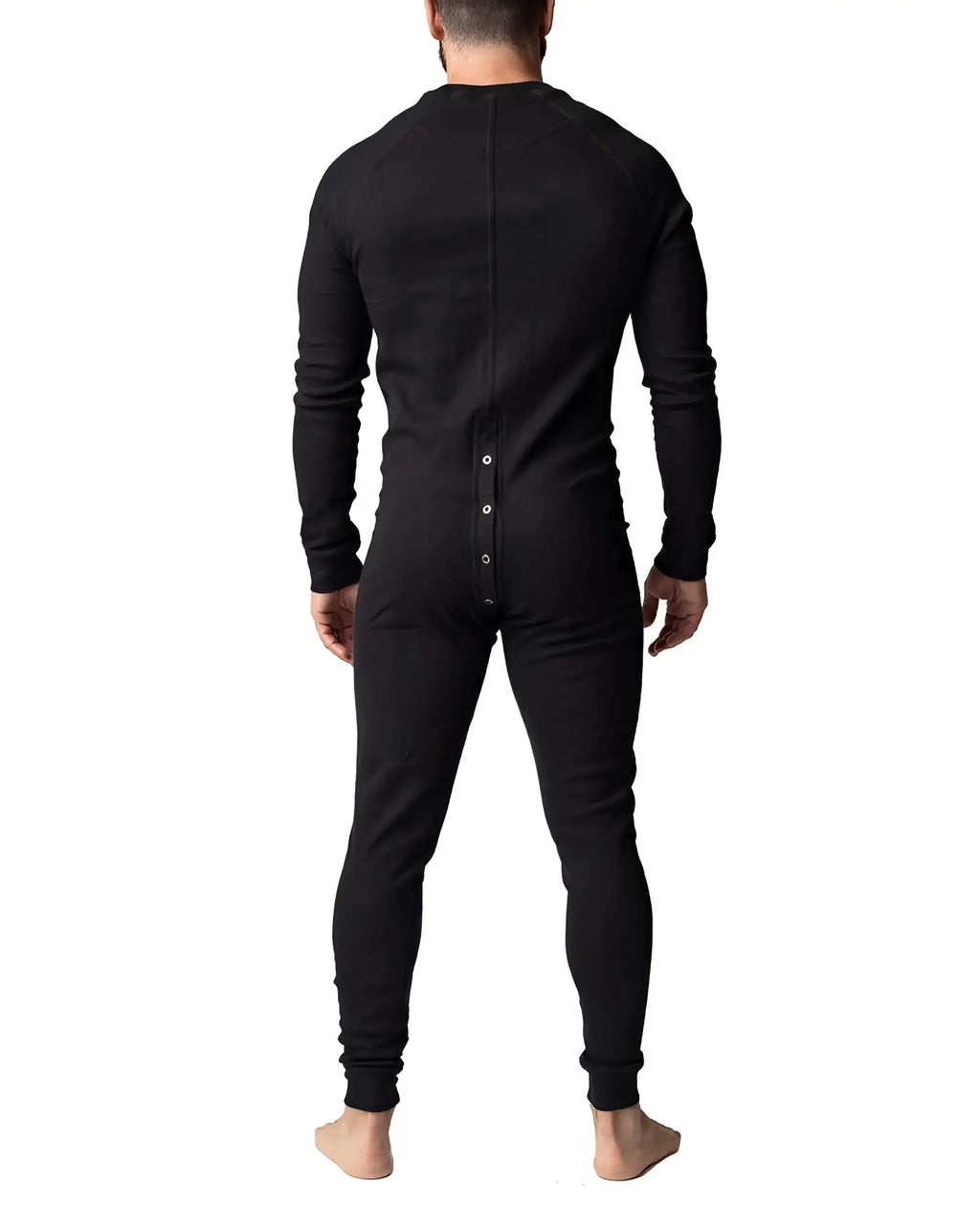 Black long-sleeved one-piece thermal union suit with button-down back shown from the back side
