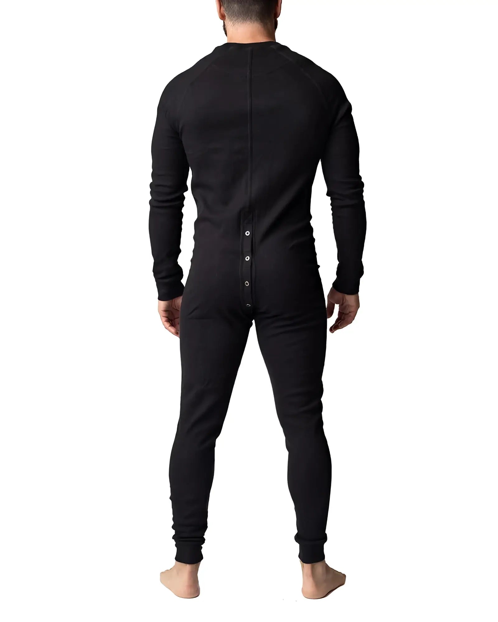 Black long-sleeved one-piece thermal union suit with button-down back shown from the back side