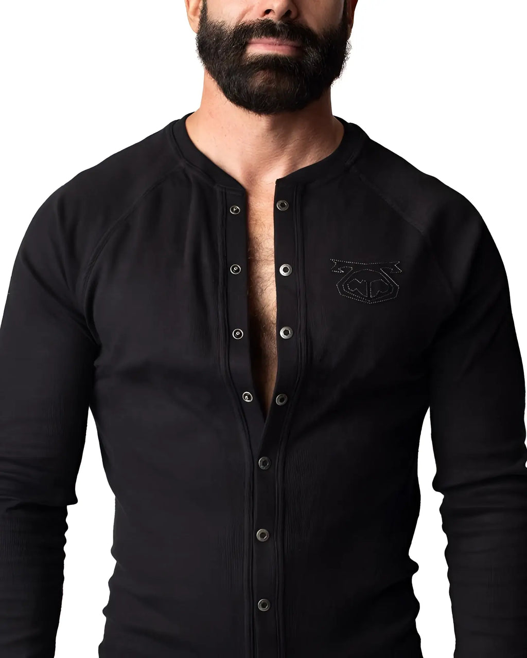 Black ribbed long-sleeve henley union suit with silver buttons and subtle embroidered logo on the chest