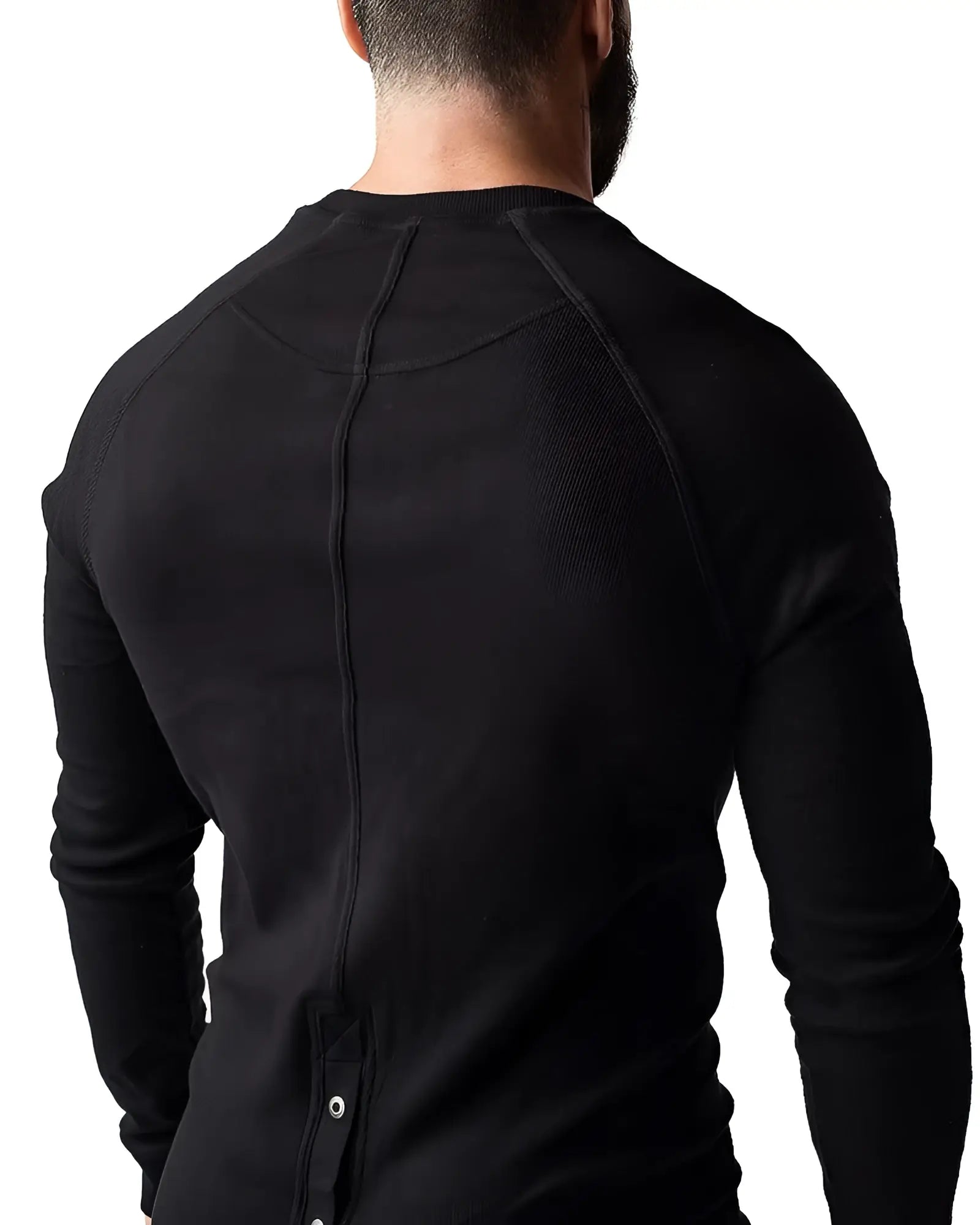 Black ribbed long-sleeve thermal shirt with crew neck and back button detail shown from the back for union suit