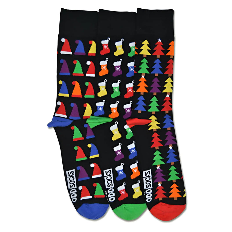 Black united oddsocks nick 3 combo christmas socks with colorful santa hats stockings trees and multicolored toe caps size 7-12
