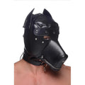 Black faux leather universal bdsm hood with silver studs and zipper closure featuring removable muzzle