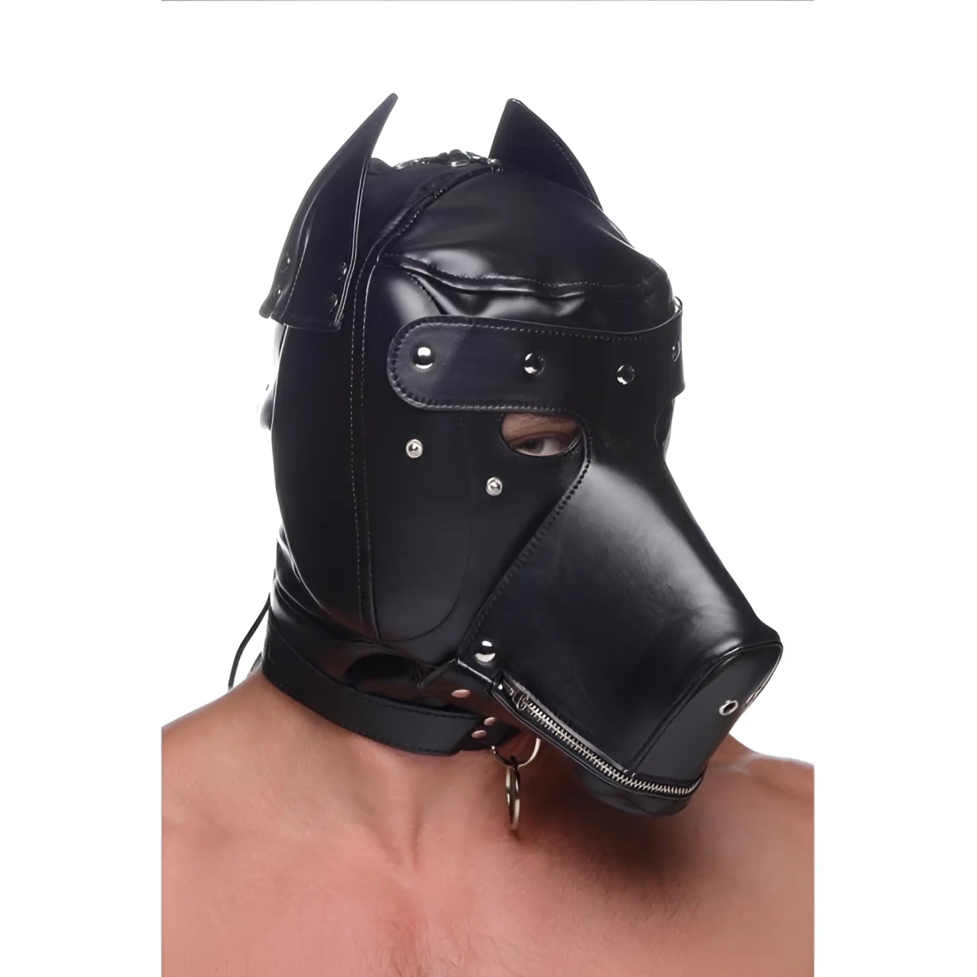 Black faux leather universal bdsm hood with silver studs and zipper closure featuring removable muzzle