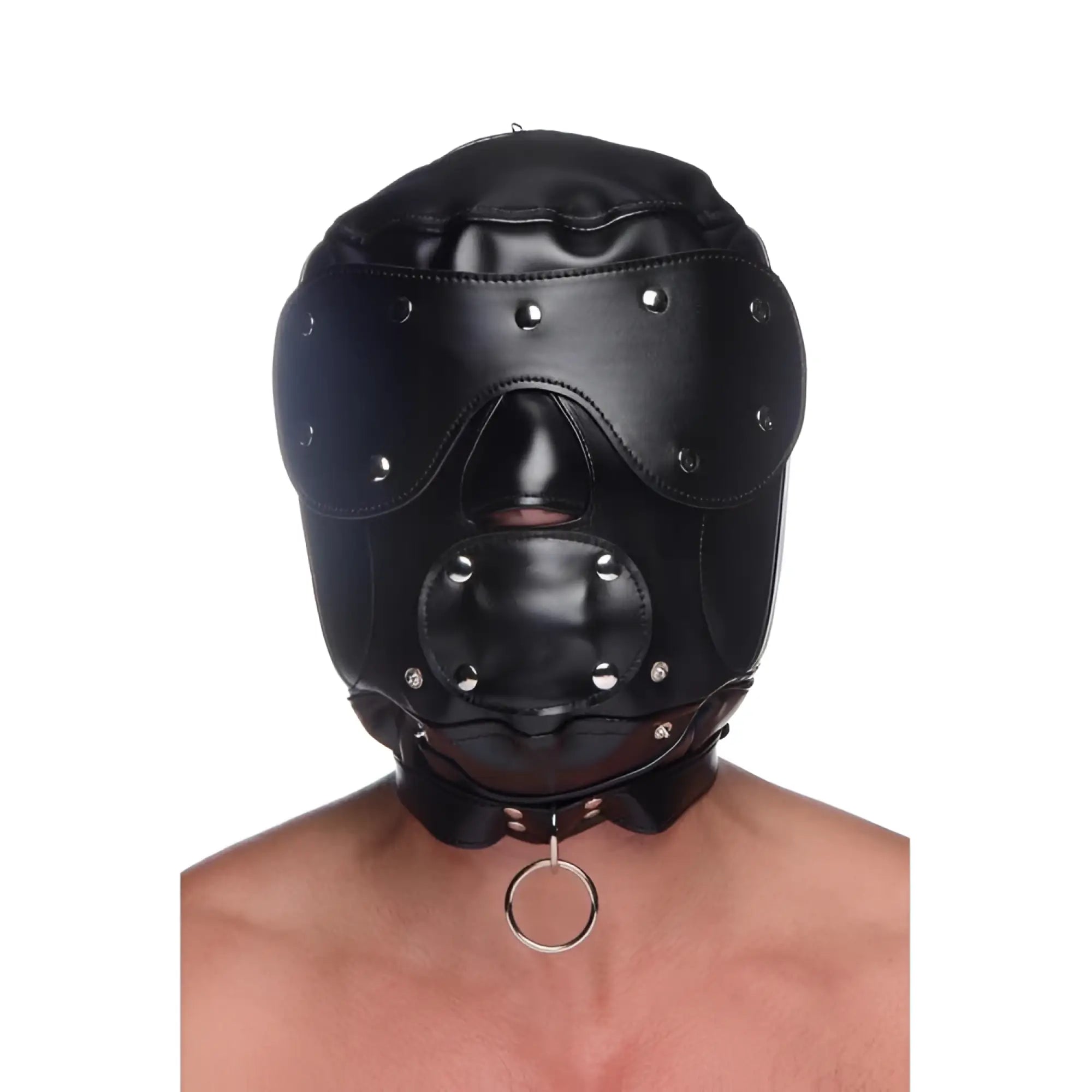 Black leather universal bdsm hood with silver studs and removable metal ring muzzle at the chin