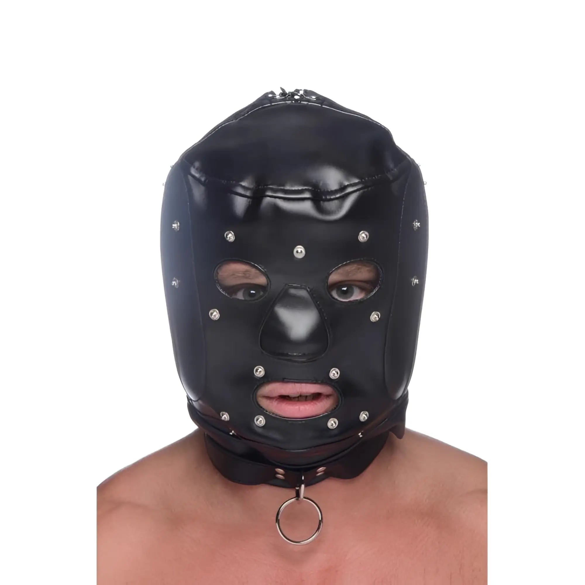 Black leather universal bdsm hood with silver studs and removable metal ring muzzle at the chin