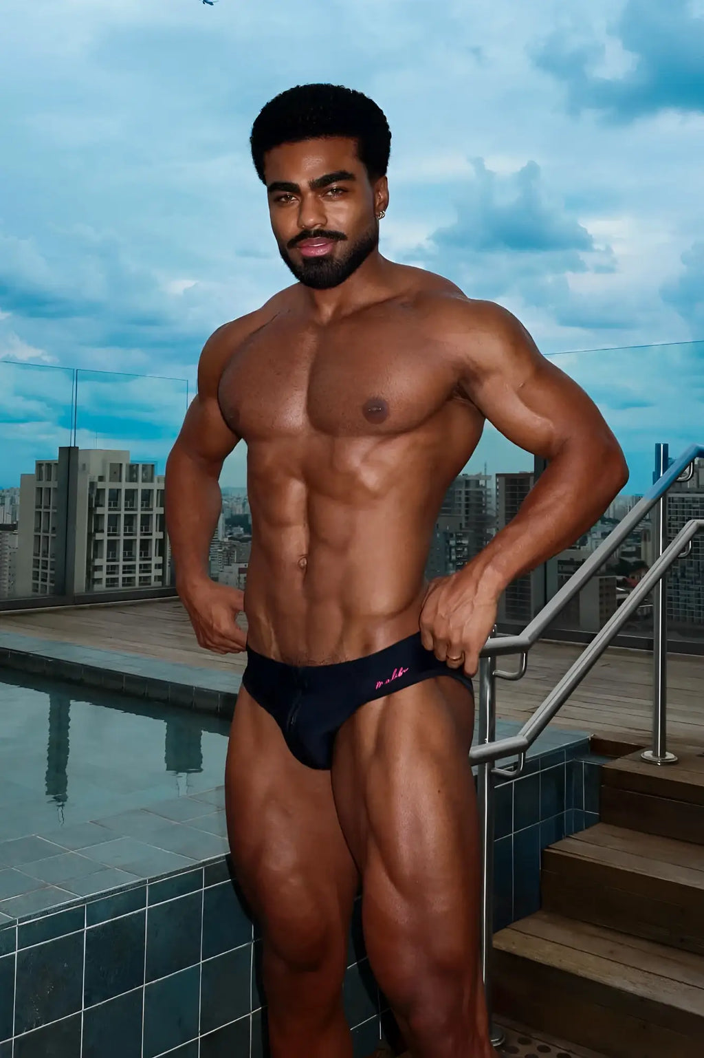 Black unzip me swim briefs with a small pink logo on the side designed for swimming and beachwear