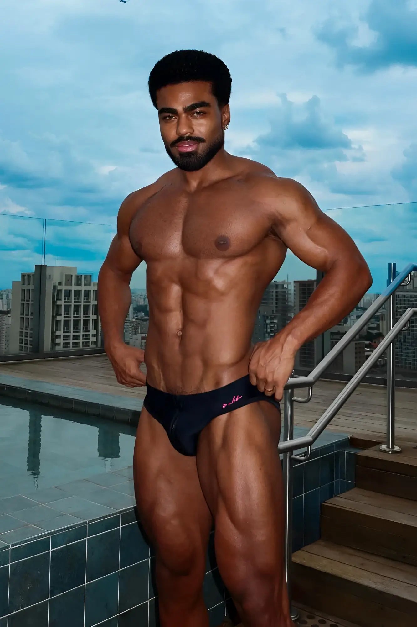 Black unzip me swim briefs with a small pink logo on the side designed for swimming and beachwear