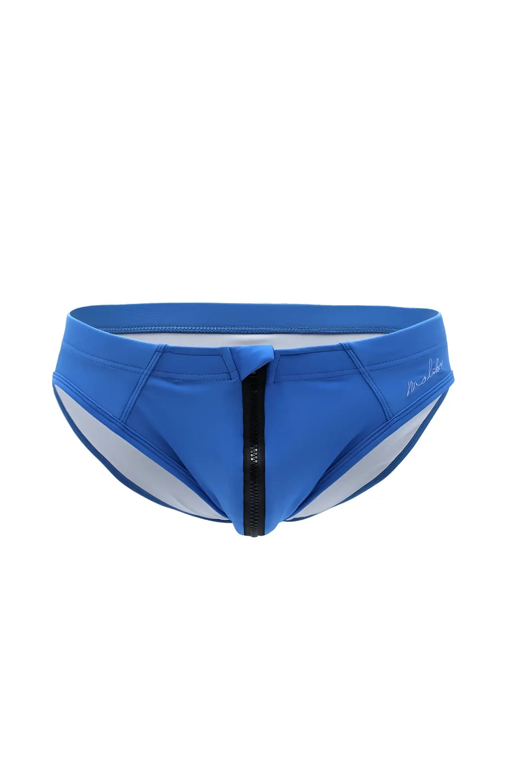 Blue unzip me swim briefs featuring a black front zipper and white side trim ideal for swimming and beachwear