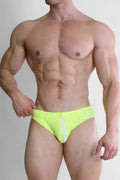 Neon yellow unzip me swim briefs with white zipper detail designed for bright and stylish swimwear use