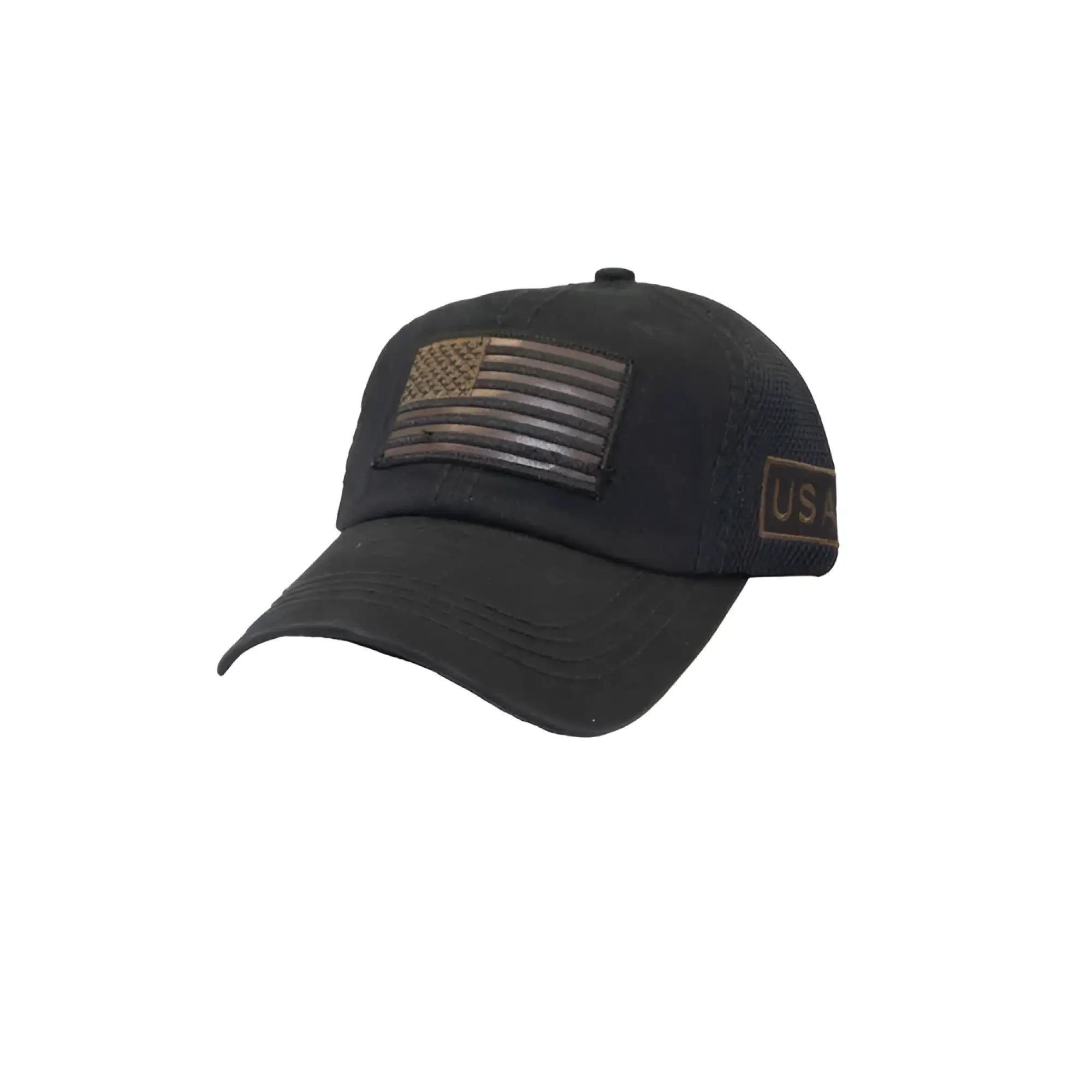Black baseball cap with distressed american flag patch and usa embroidered label on the side for patriotic wear