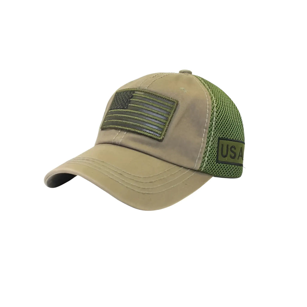 Tan and olive green mesh usa baseball cap with stitched american flag patch on the front
